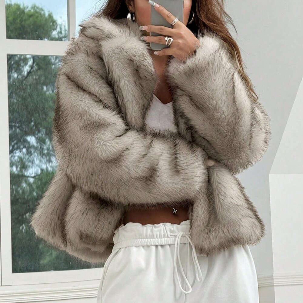 Apricot Casual Women's Fluffy Collar Long Sleeve Faux Fur Jacket